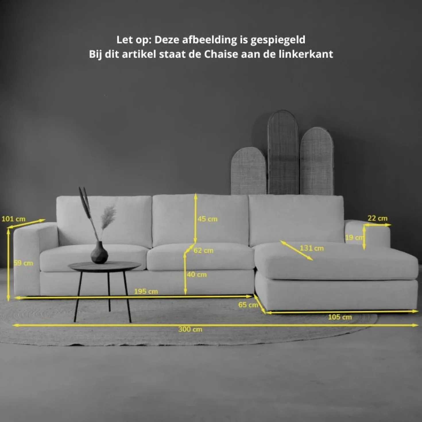Bank Uno Chaise longue links ribstof beige