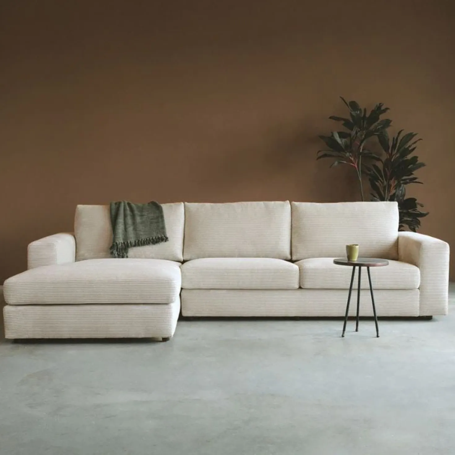 Bank Uno Chaise longue links ribstof beige