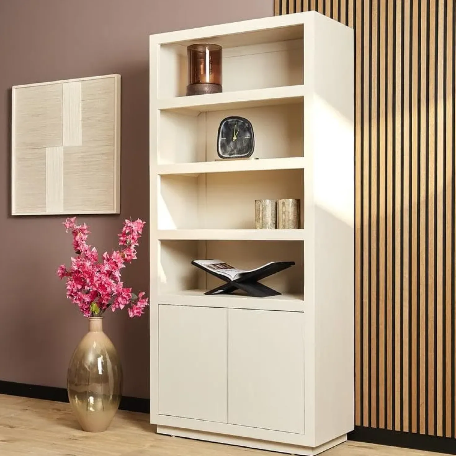 Boekenkast Dortmund mangohout zand 4 vakken 90cm