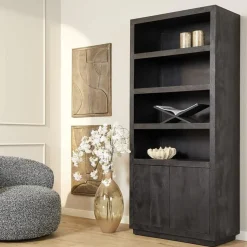 Boekenkast Dortmund mangohout zwart 4 vakken 90cm