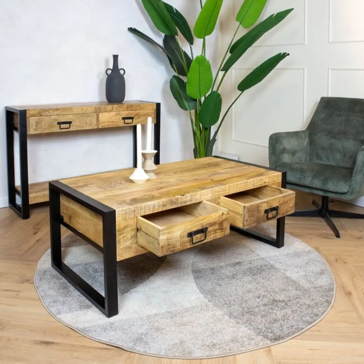 Britt salontafel industrieel mangohout met lades 120cm