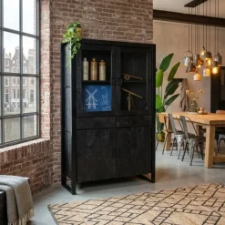 Britt vitrinekast industrieel mangohout zwart 115cm