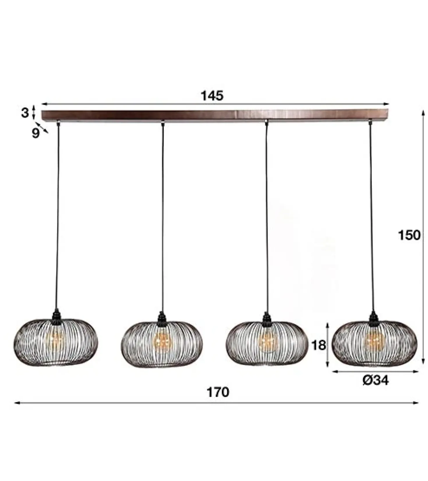 Conli 4-lichts hanglamp zwart / koper