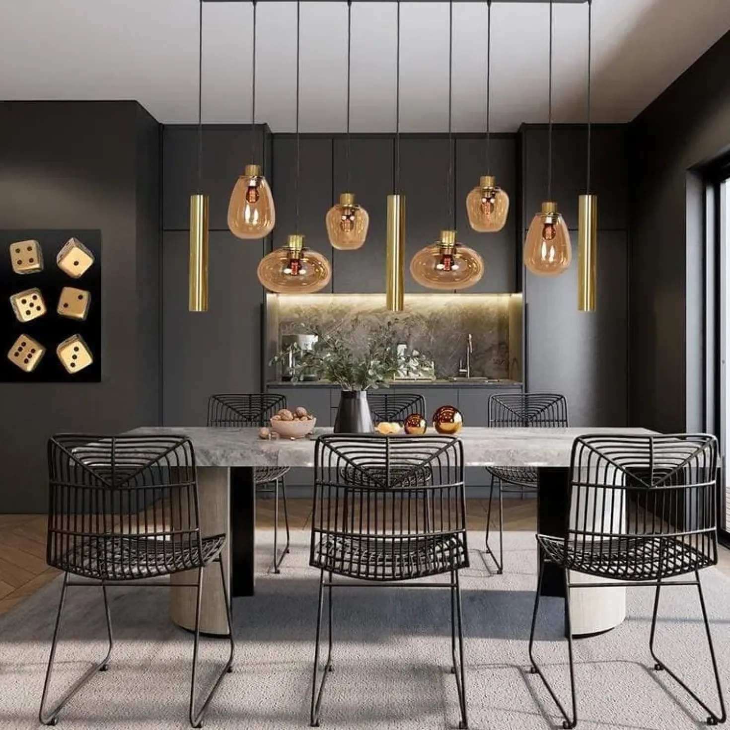 Curtis 6+3 lichts Hanglamp Amber