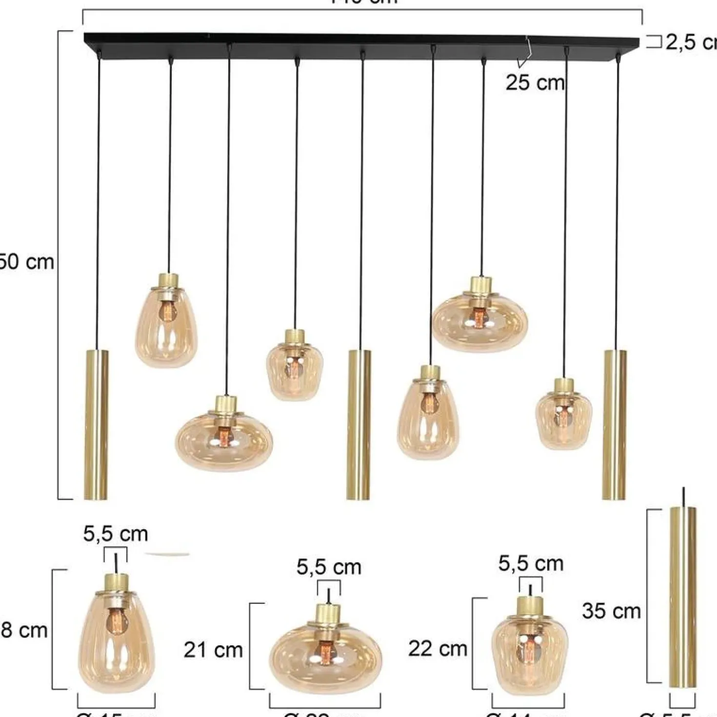 Curtis 6+3 lichts Hanglamp Amber
