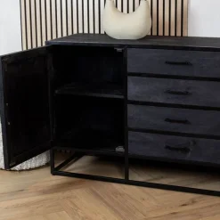 Dressoir mangohout Scandi industrieel visgraat zwart - 165cm