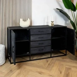 Dressoir mangohout Scandi industrieel visgraat zwart - 165cm