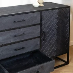 Dressoir mangohout Scandi industrieel visgraat zwart - 165cm