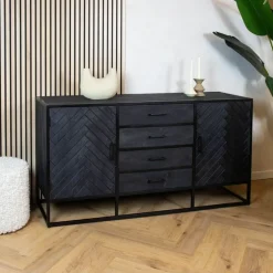 Dressoir mangohout Scandi industrieel visgraat zwart - 165cm