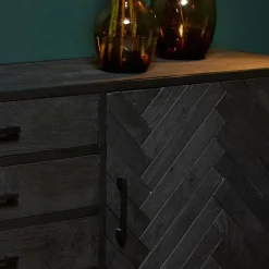 Dressoir mangohout Scandi industrieel visgraat zwart - 210cm
