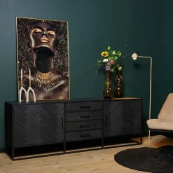 Dressoir mangohout Scandi industrieel visgraat zwart - 210cm