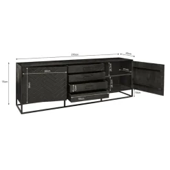 Dressoir mangohout Scandi industrieel visgraat zwart - 210cm