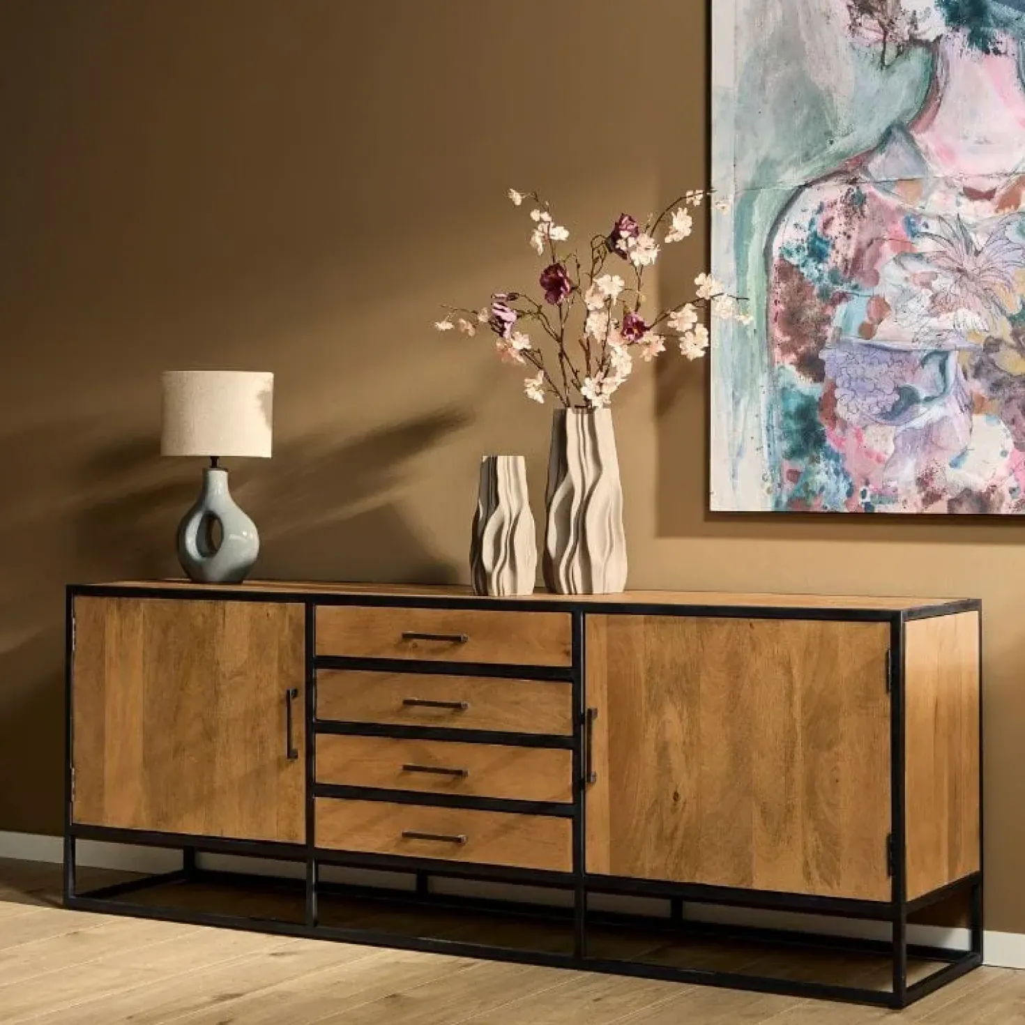 Dressoir Morada Warm mangohout industrieel - 210cm