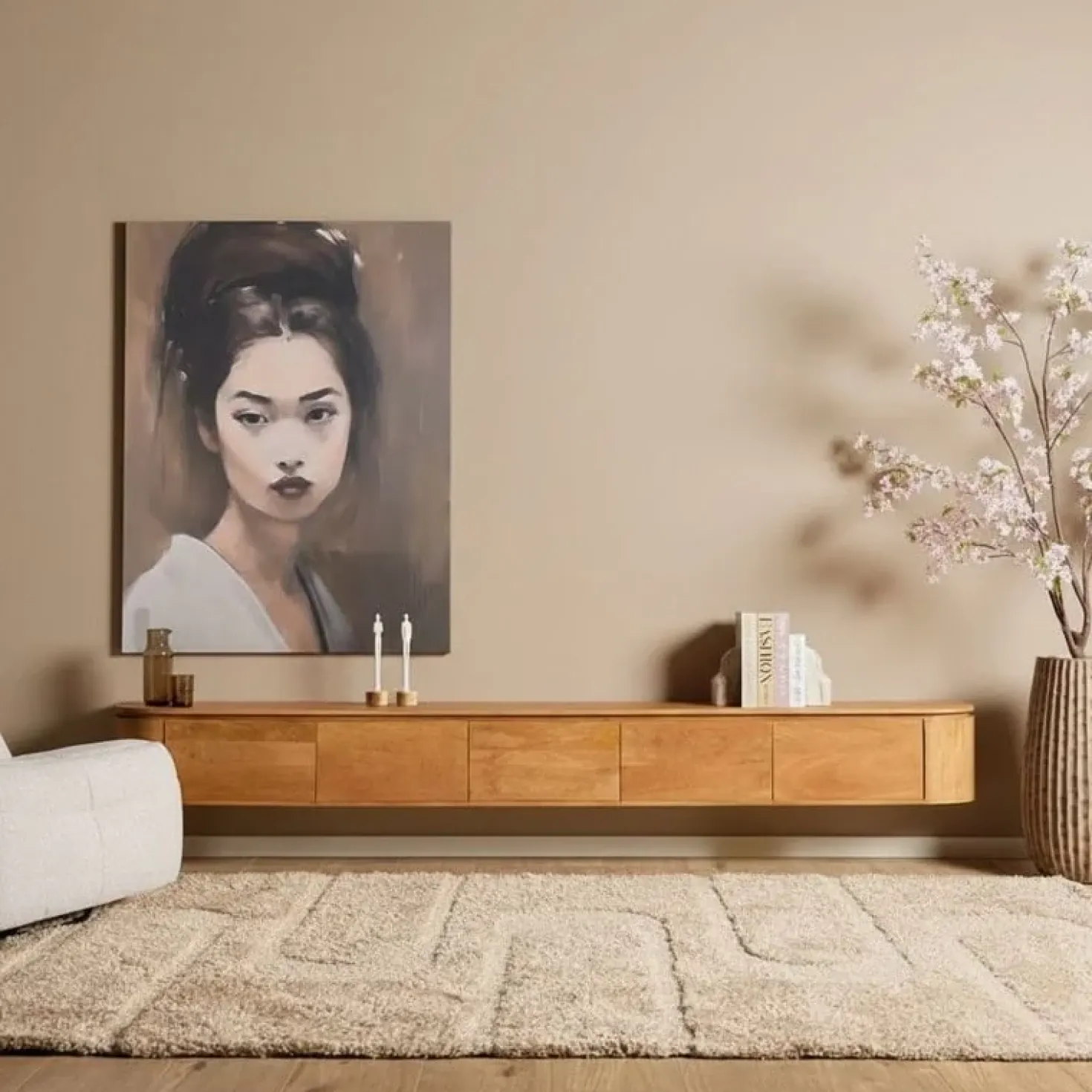 Evi Zwevend Tv meubel Naturel Mangohout 280cm