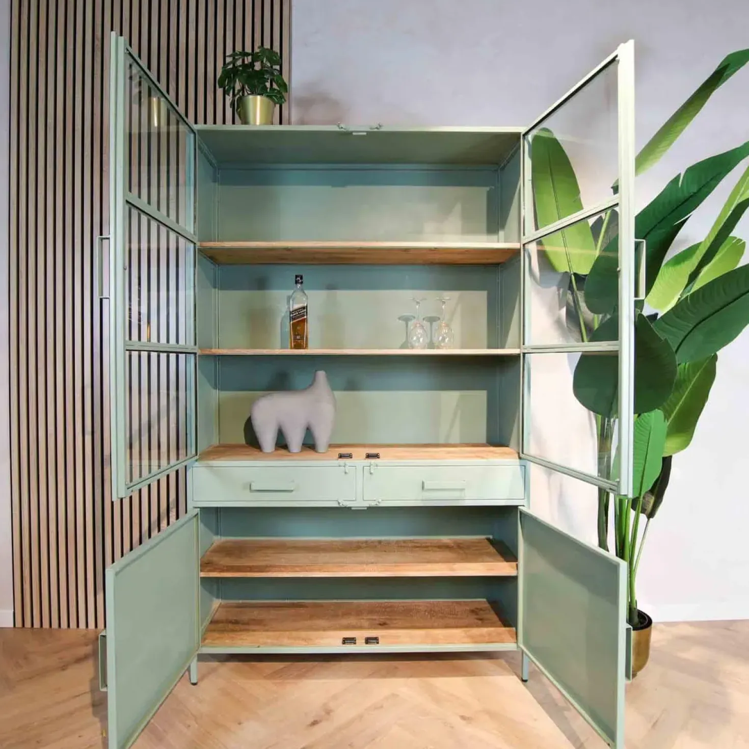 Figue vitrinekast industrieel olijfgroen / houten planken 120cm