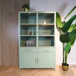 Figue vitrinekast industrieel olijfgroen / houten planken 120cm