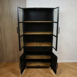 Figue vitrinekast industrieel zwart / houten planken 90cm