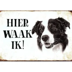 Hier Waak ik - Border Collie - metalen bord