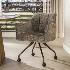 Kelly Eetkamerstoel met wieltjes Hoven taupe met bruin bronzen poot