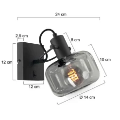 Lior 1-lichts Wandlamp Zwart Smoke Glas