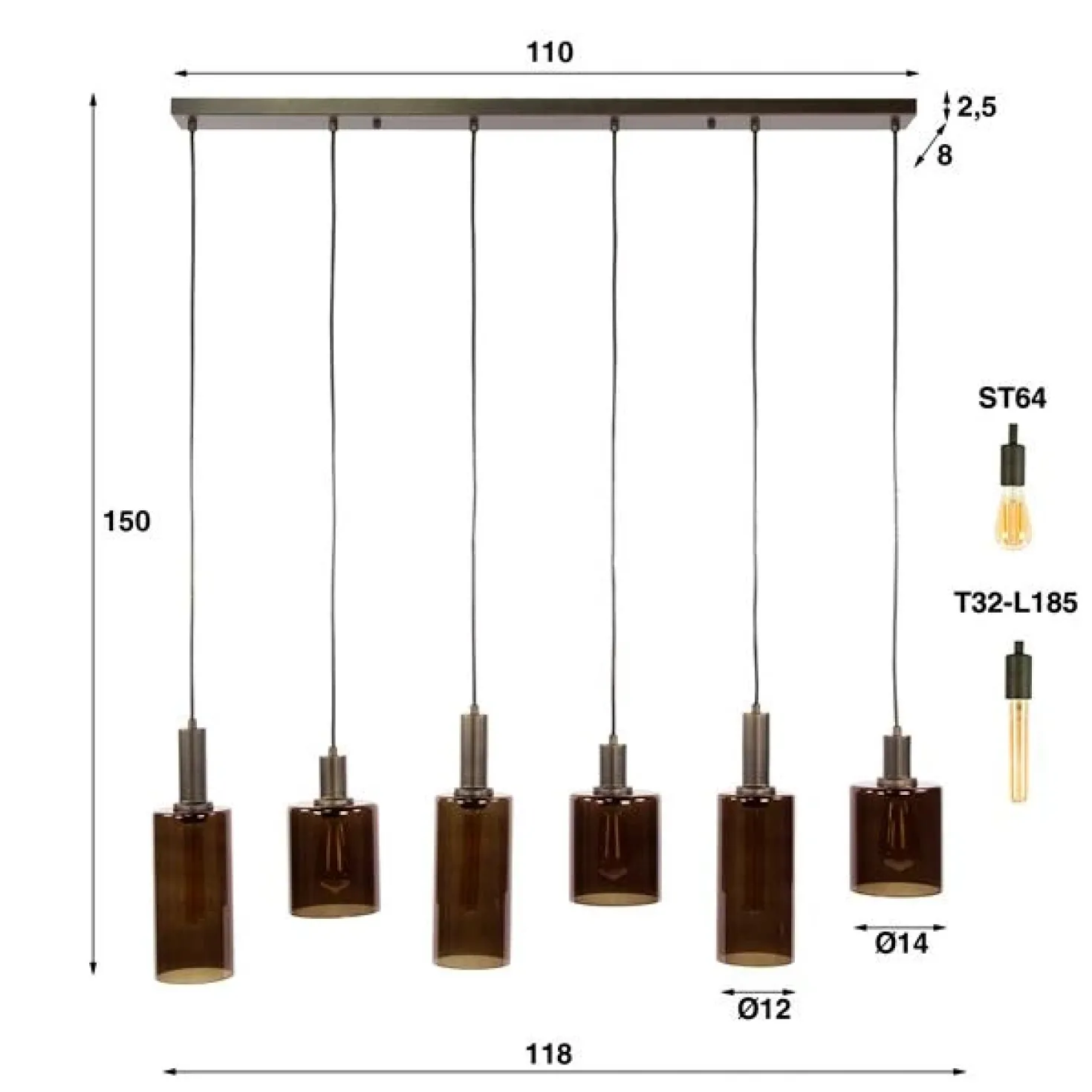 Luca 6-lichts Hanglamp Bruin