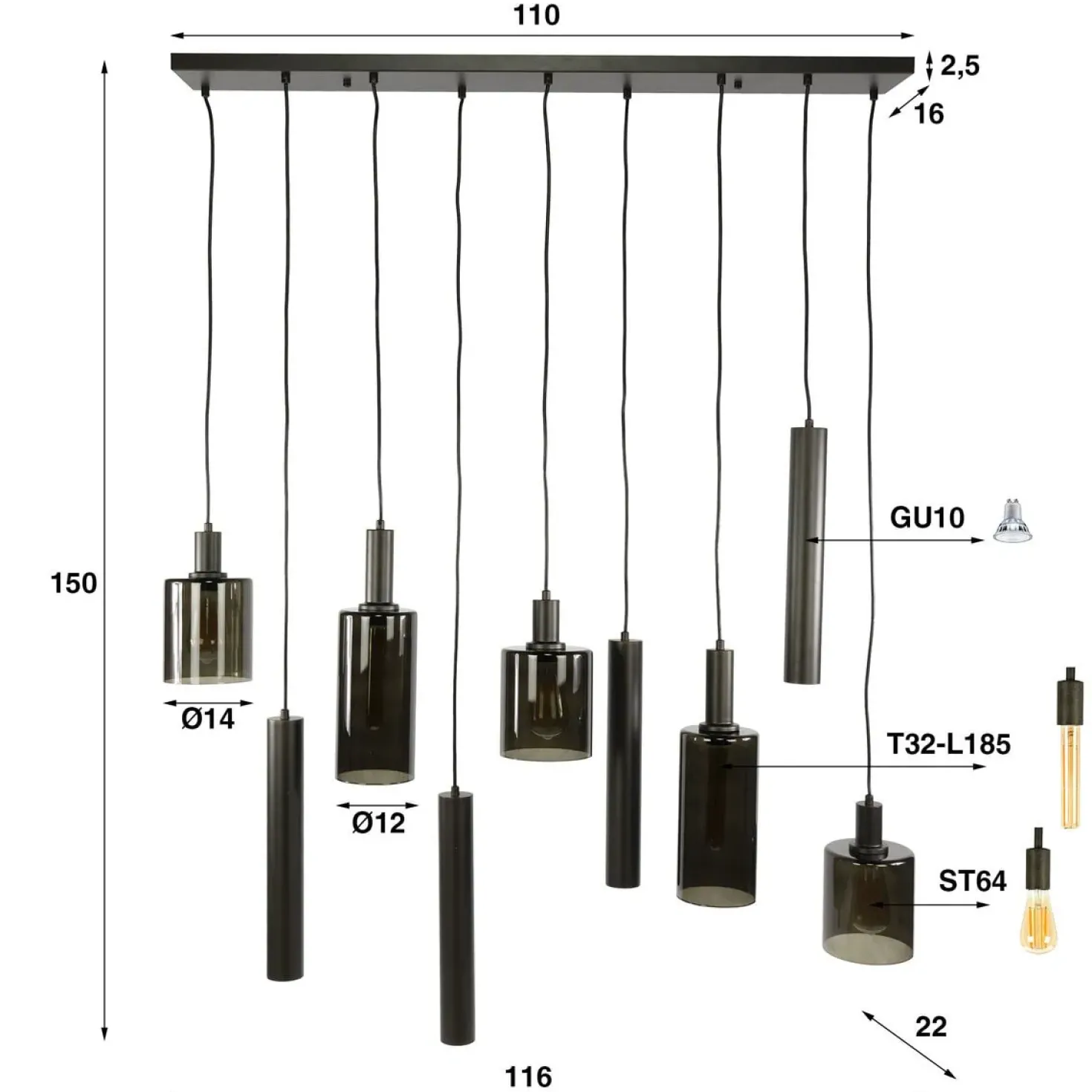 Luca 9-lichts Hanglamp Bruin
