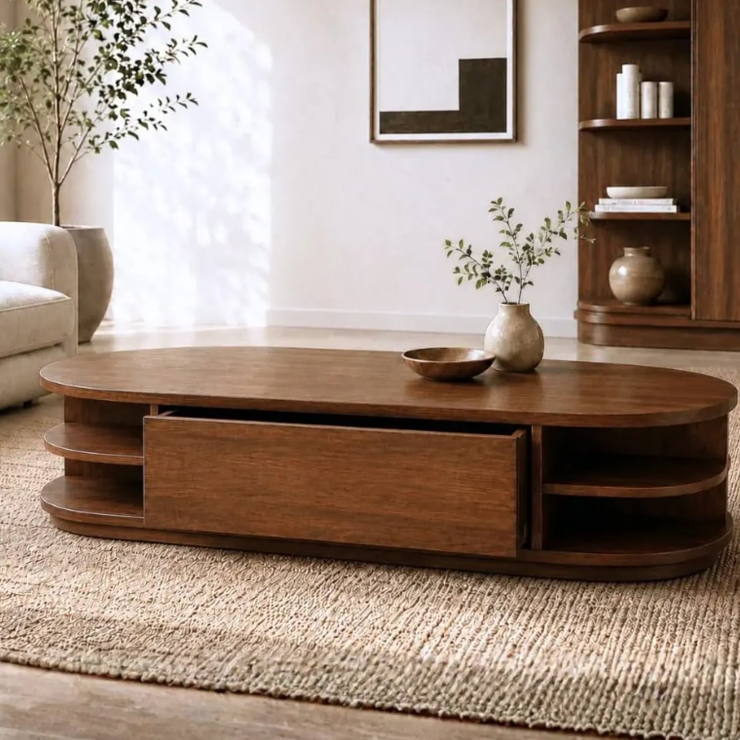 Luca salontafel ovaal 2 lades walnoot