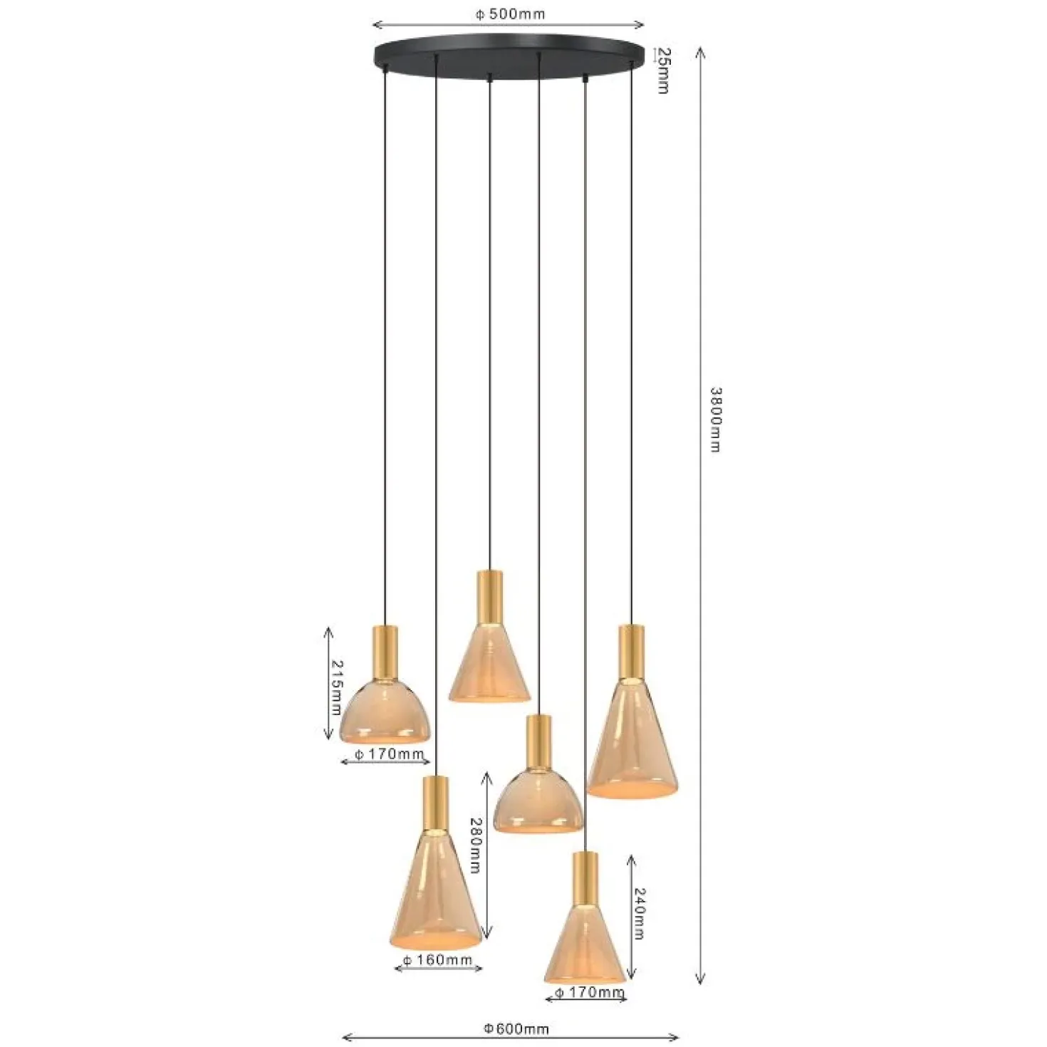 Marlo 6-lichts getrapte Hanglamp Amber glas