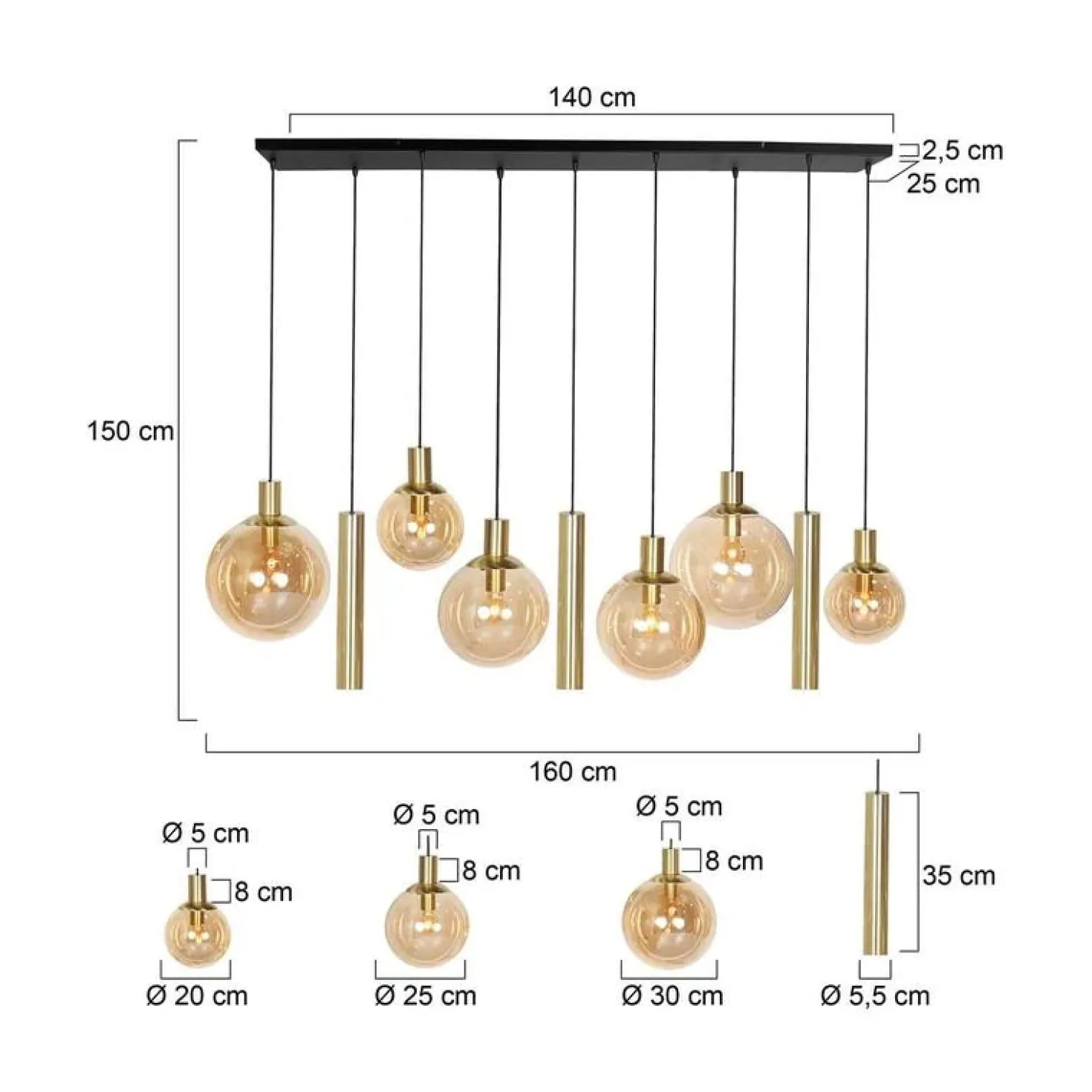 Maya 6+3 lichts Hanglamp Amber