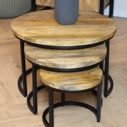Morada salontafel industrieel mangohout naturel rond set van 3