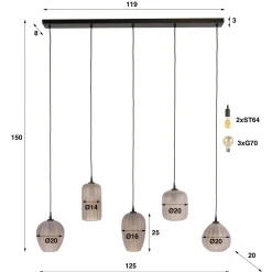 Nevada 5-lichts Hanglamp bruin-frosted glas