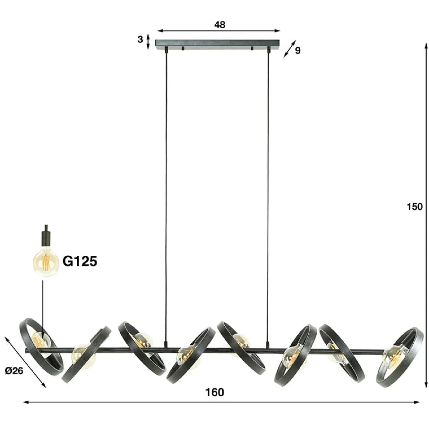 Octavia 8-lichts hanglamp industrieel