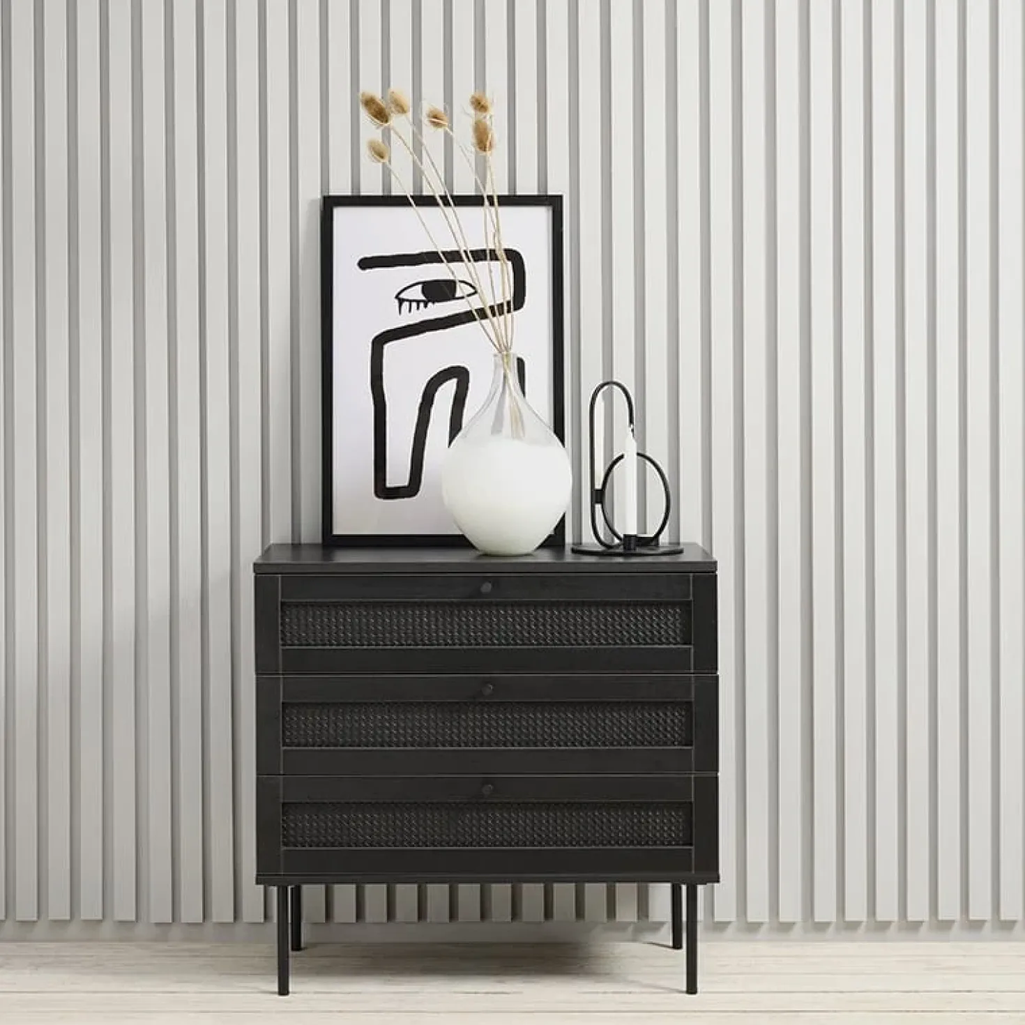 Pernille dressoir zwart melamine rotan 80cm