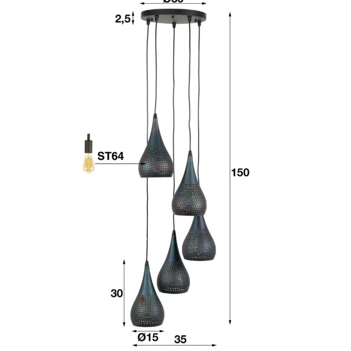 Pinch Hanglamp 5-lichts getrapt Zwart bruin