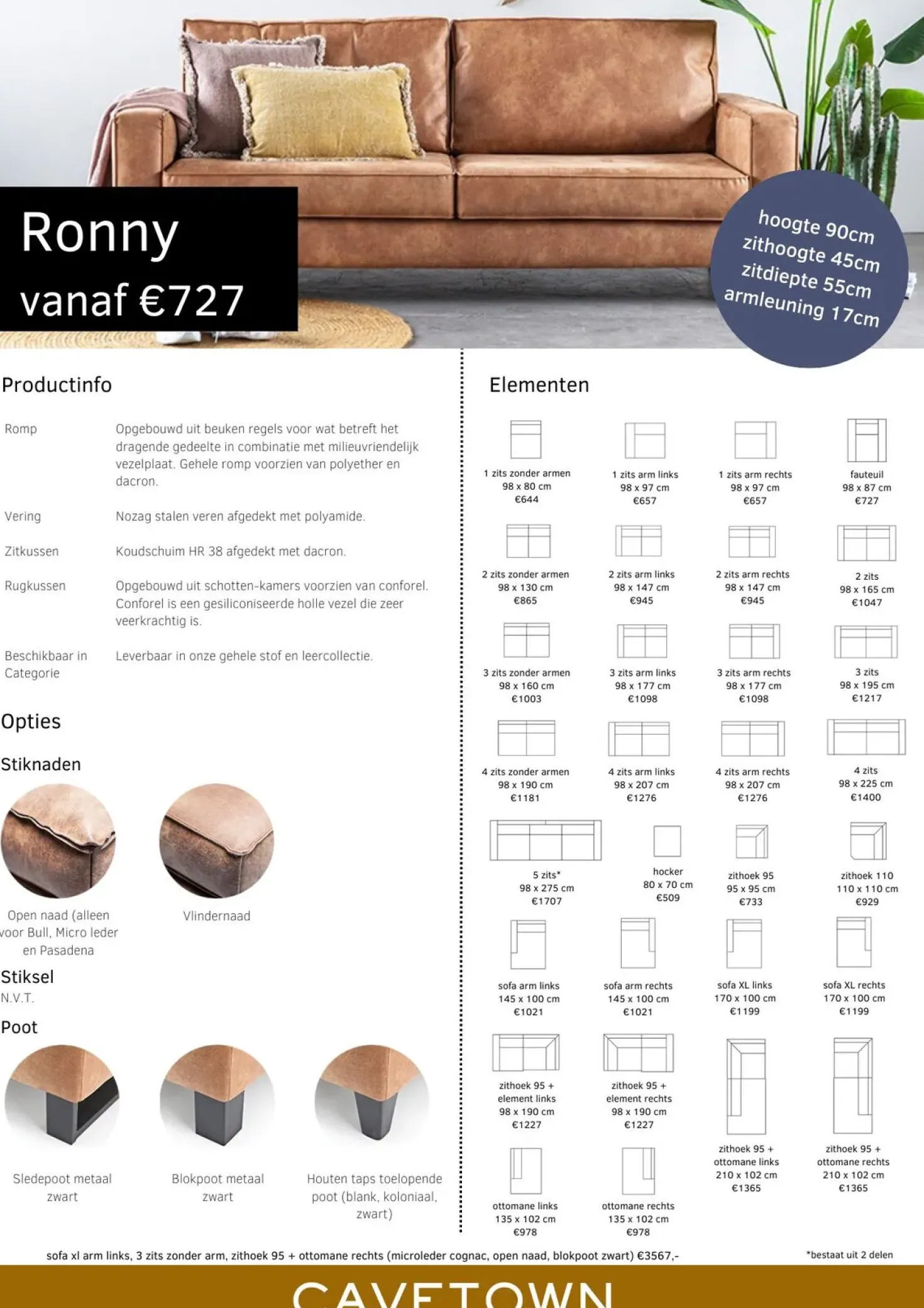 Ronny loungebank 3-zits met ottomane en verlengde sofa
