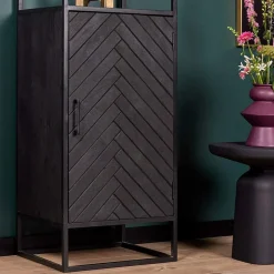 Scandi boekenkast industrieel mangohout visgraat zwart 1- deur 55cm