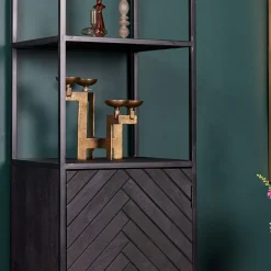 Scandi boekenkast industrieel mangohout visgraat zwart 1- deur 55cm