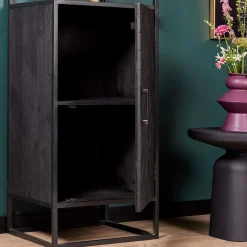Scandi boekenkast industrieel mangohout visgraat zwart 1- deur 55cm