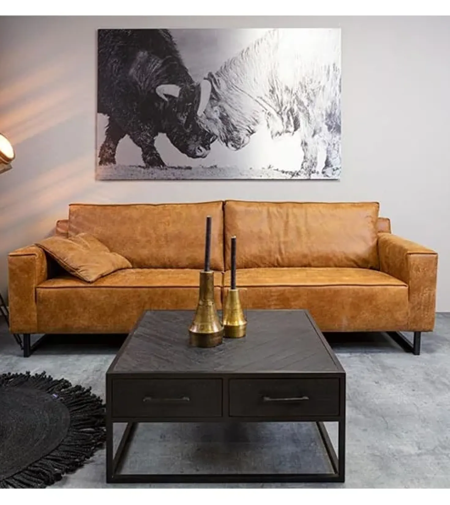 Scandi salontafel industrieel mangohout visgraat zwart 4 lades