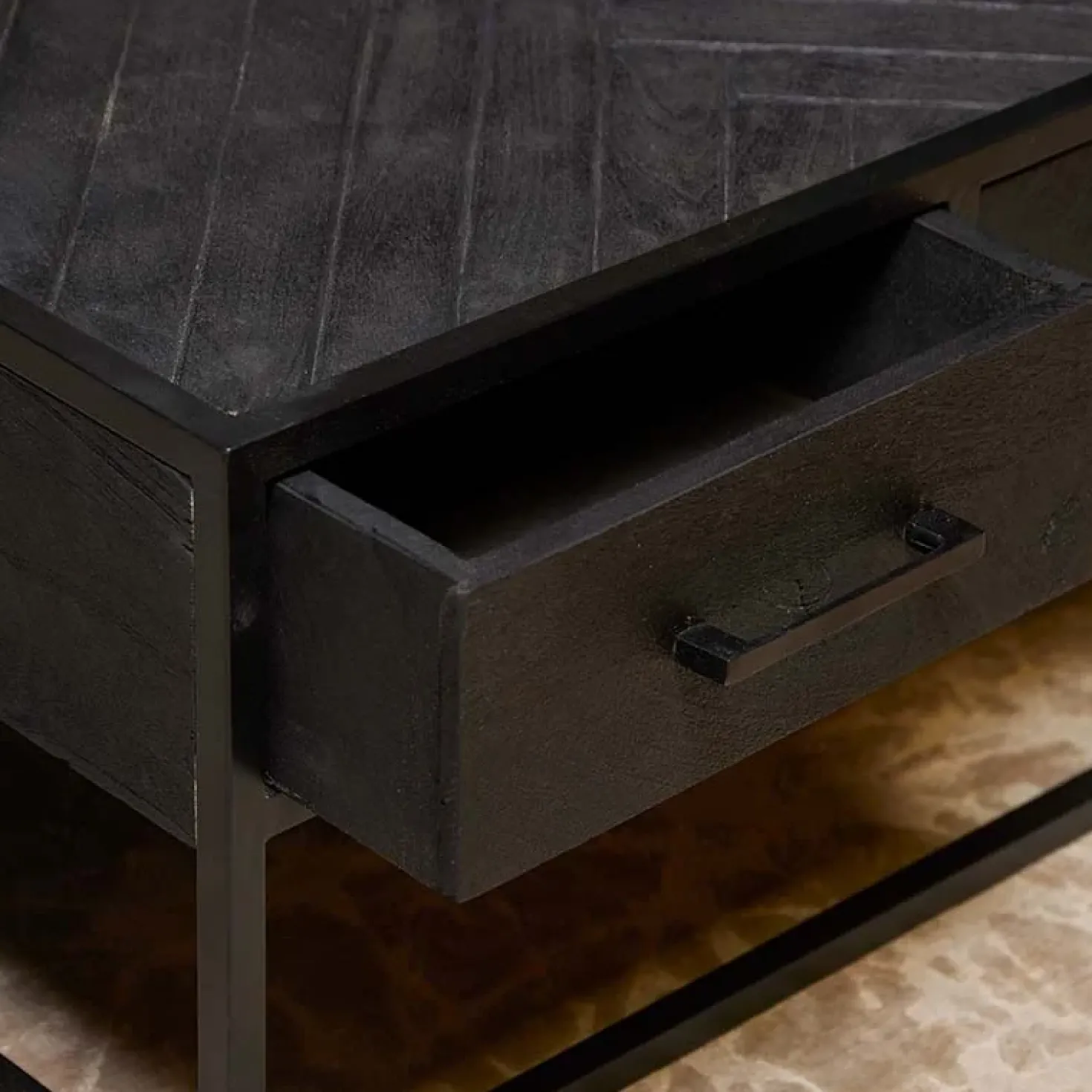 Scandi salontafel industrieel mangohout visgraat zwart 4 lades
