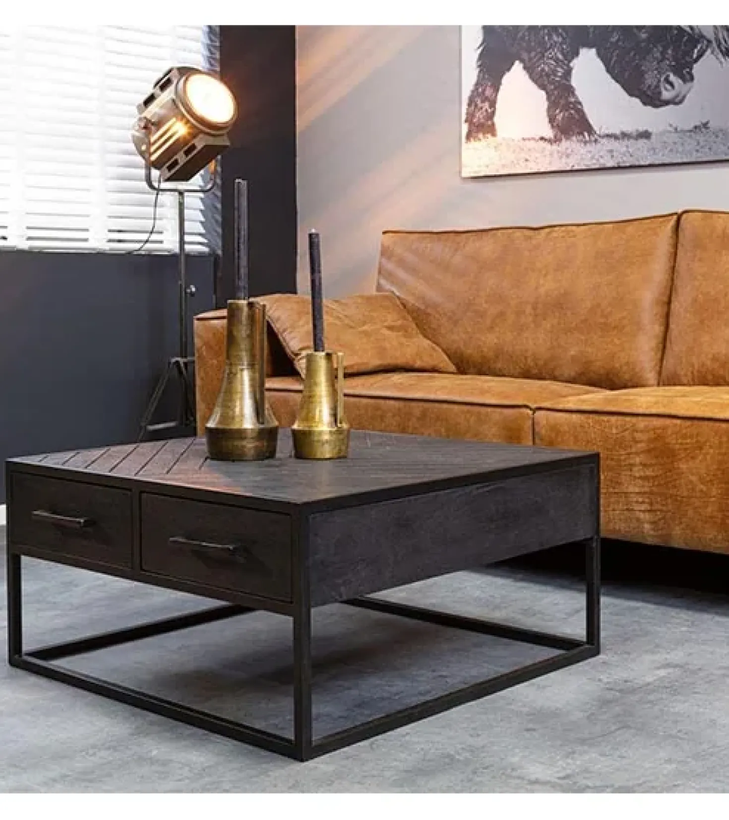 Scandi salontafel industrieel mangohout visgraat zwart 4 lades