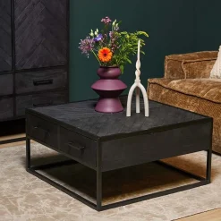Scandi salontafel industrieel mangohout visgraat zwart 4 lades