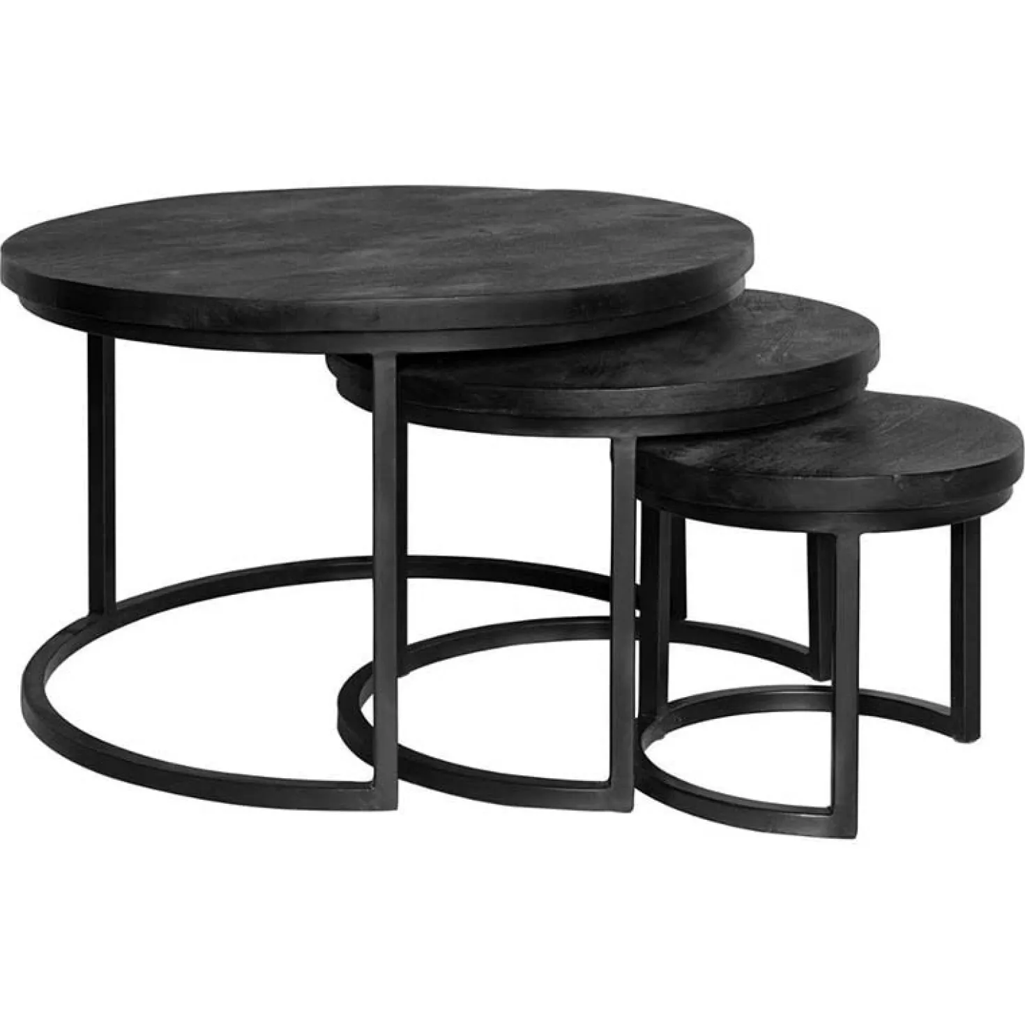 Scandi salontafel mangohout rond zwart set van 3