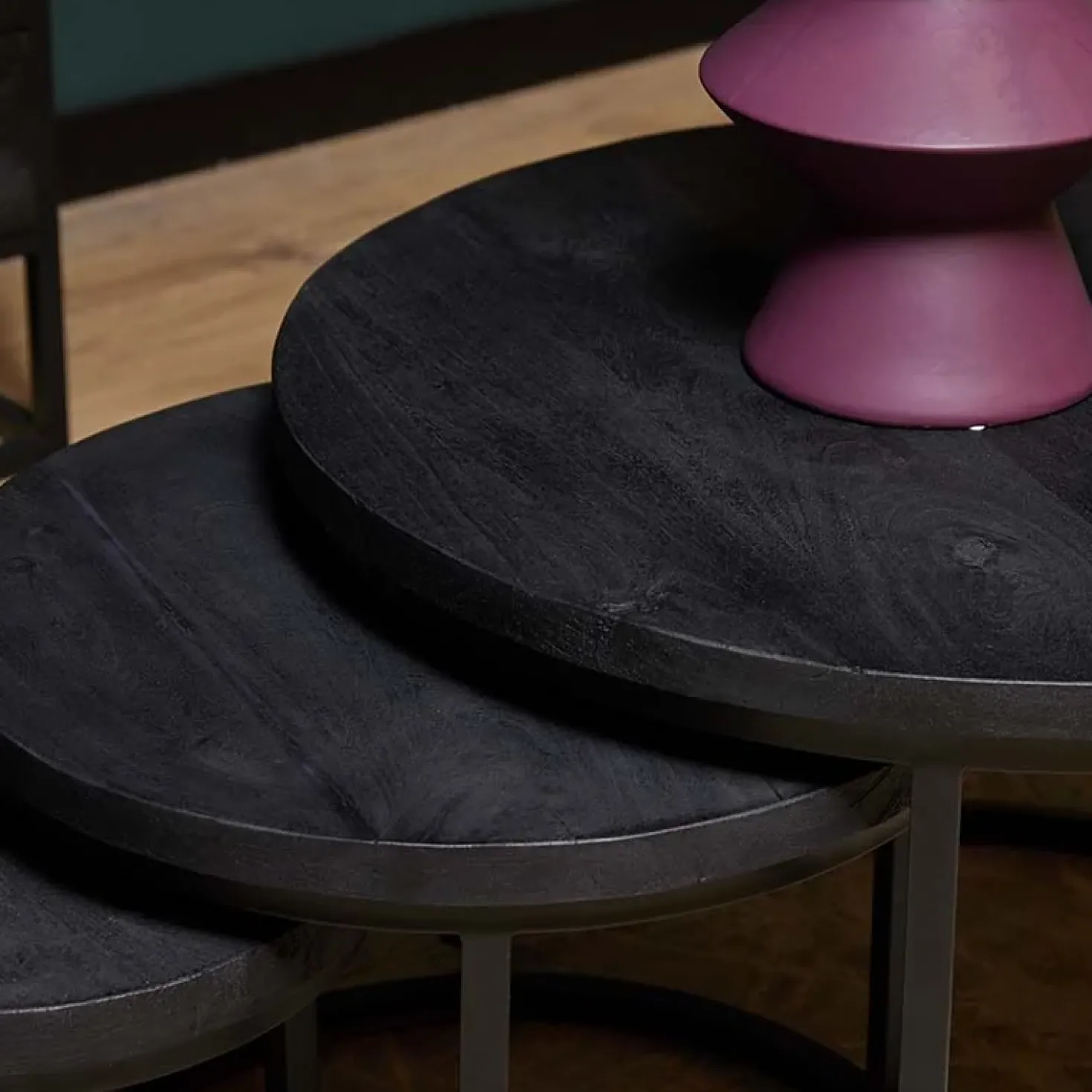 Scandi salontafel mangohout rond zwart set van 3