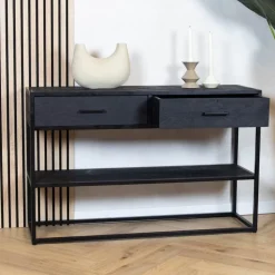 Scandi sidetable mangohout 2-lades 120cm zwart visgraat
