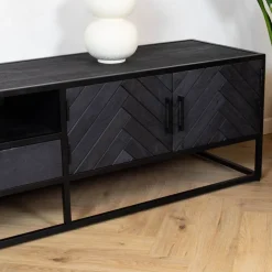 Scandi tv meubel industrieel mangohout visgraat zwart 180cm