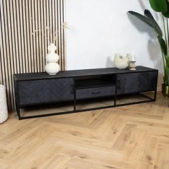 Scandi tv meubel industrieel mangohout visgraat zwart 180cm