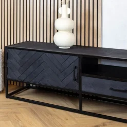 Scandi tv meubel industrieel mangohout visgraat zwart 210cm