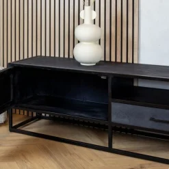 Scandi tv meubel industrieel mangohout visgraat zwart 210cm