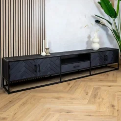 Scandi tv meubel industrieel mangohout visgraat zwart 165cm